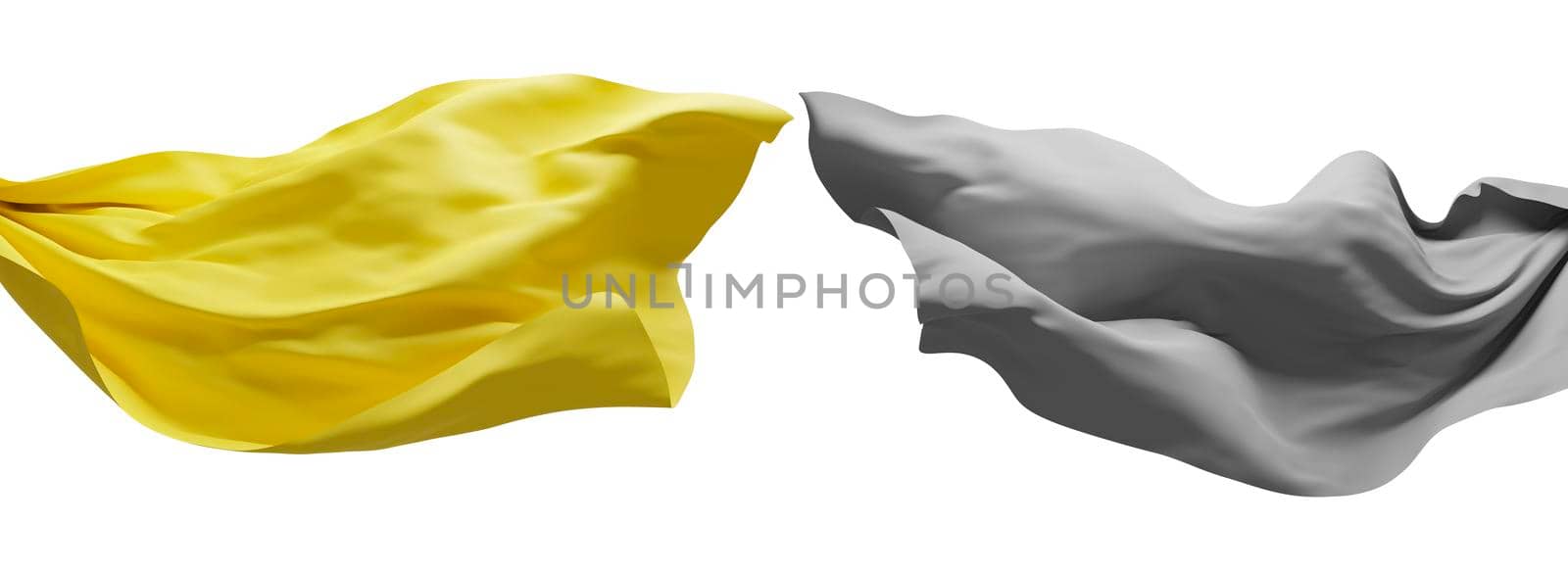 Yellow and gray fabric flying in the wind isolated on white background 3D render by Myimagine