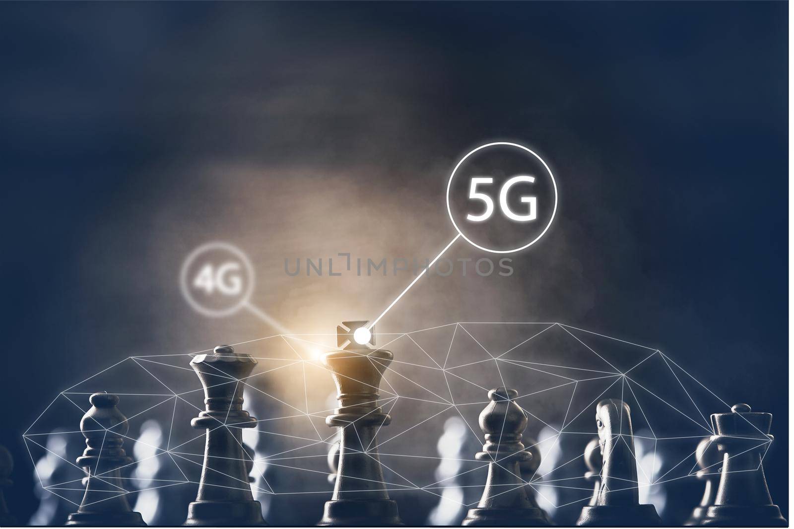 Transfer 4g to 5g concept change of internet connection technology. Chess piece competition concept

