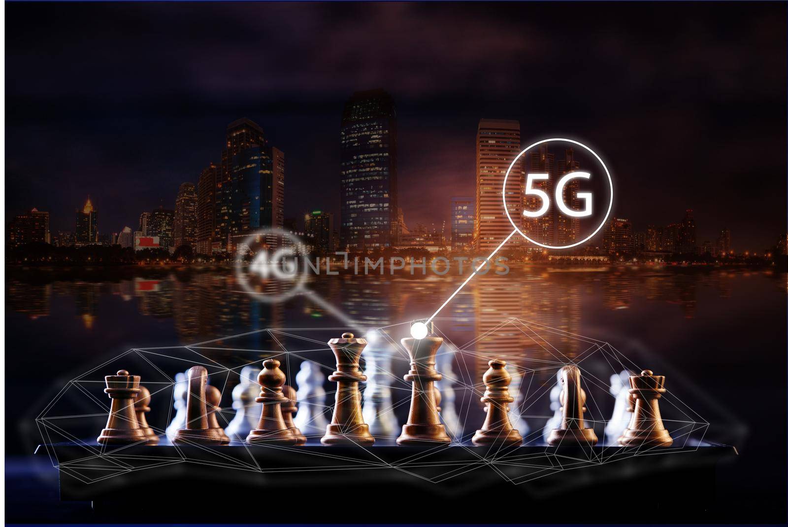 Transfer 4g to 5g concept change of internet connection technology. Chess piece competition concept


