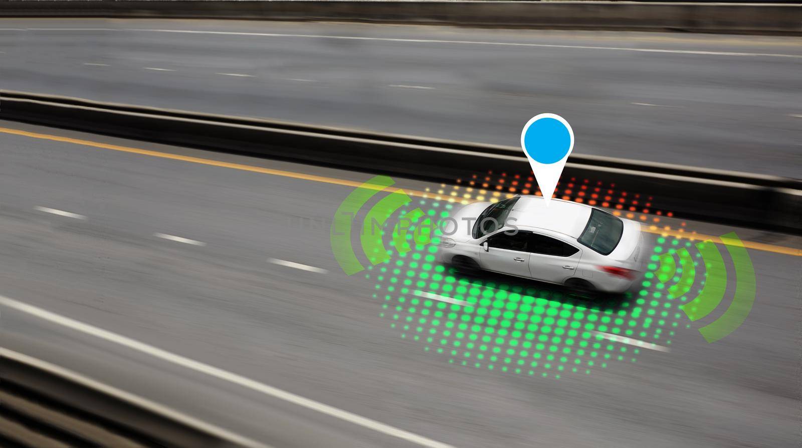 Autonomous self-driving car mode vehicle on the road with graphic sensor signal.