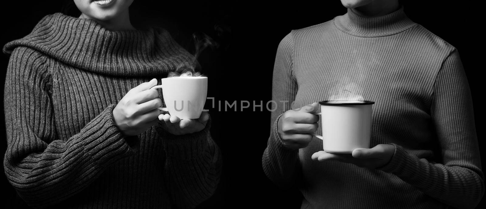 Women join of coffee drink, Black and white photo filter