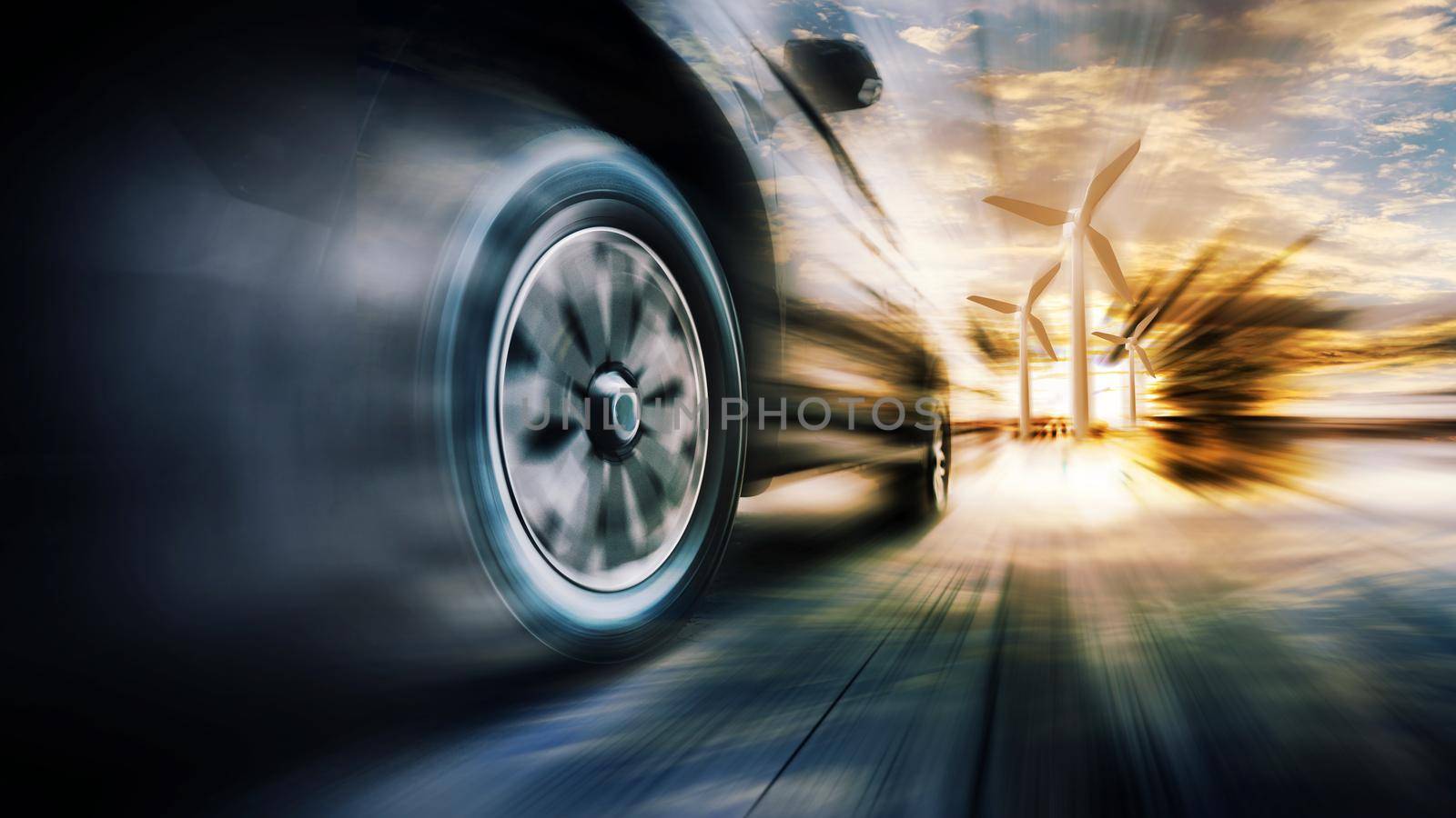 Speeding car is green power with copy space. Low angle side view of car driving fast on motion blur