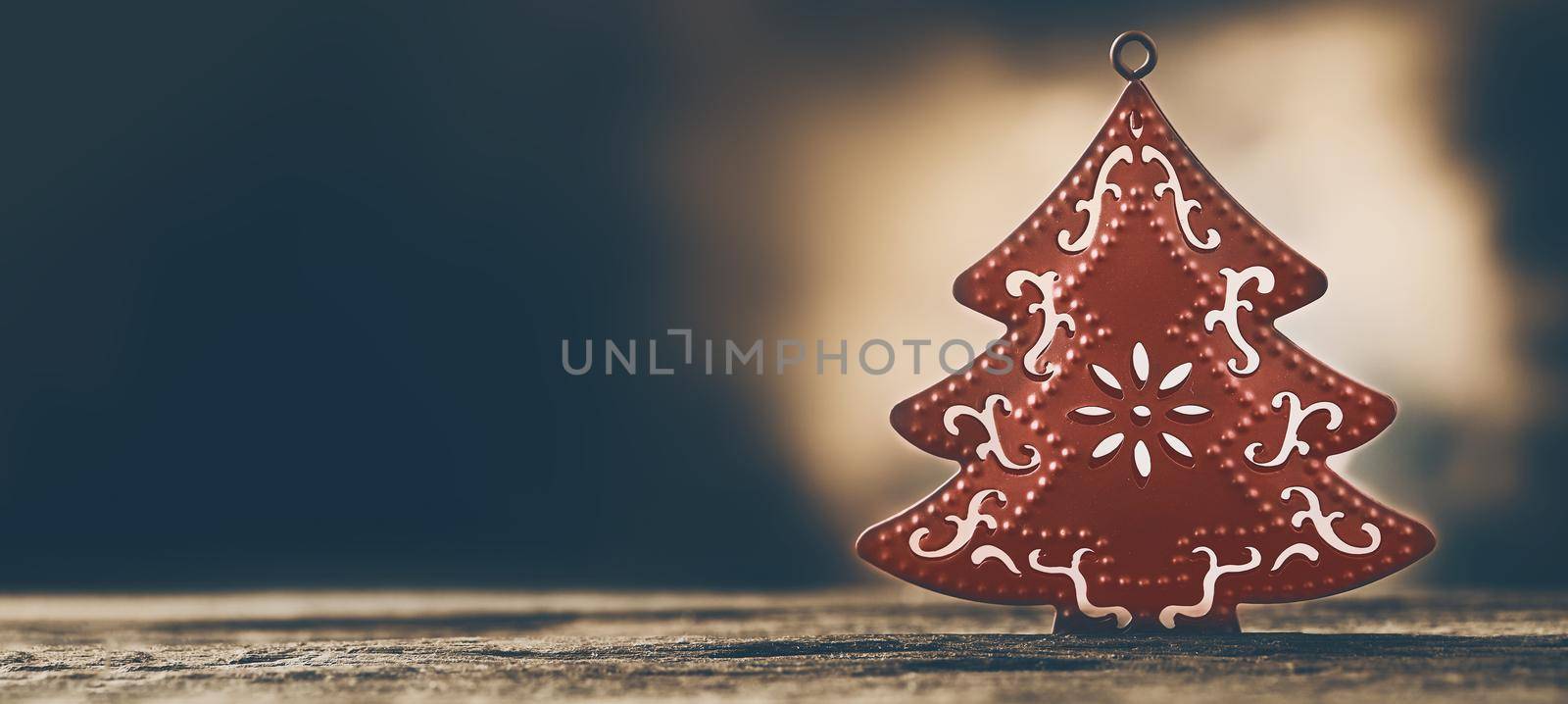 Christmas tree object on wood with dark background, Panoramic Photo