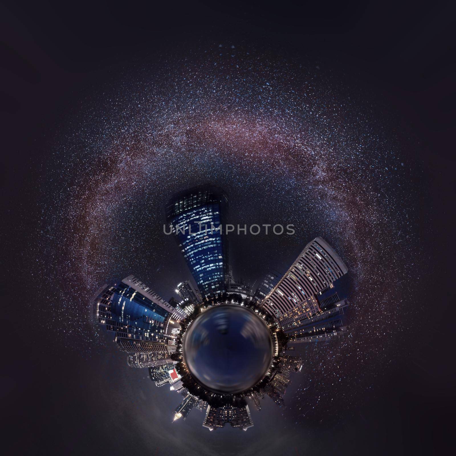 Milky way withh city town at night, Bangkok, Thailand,360 Degree