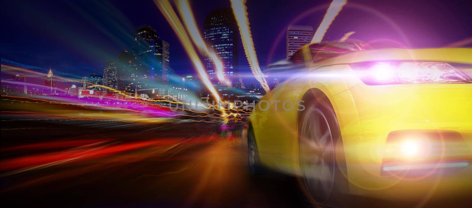 Front of a sport car with motion lighting in the city