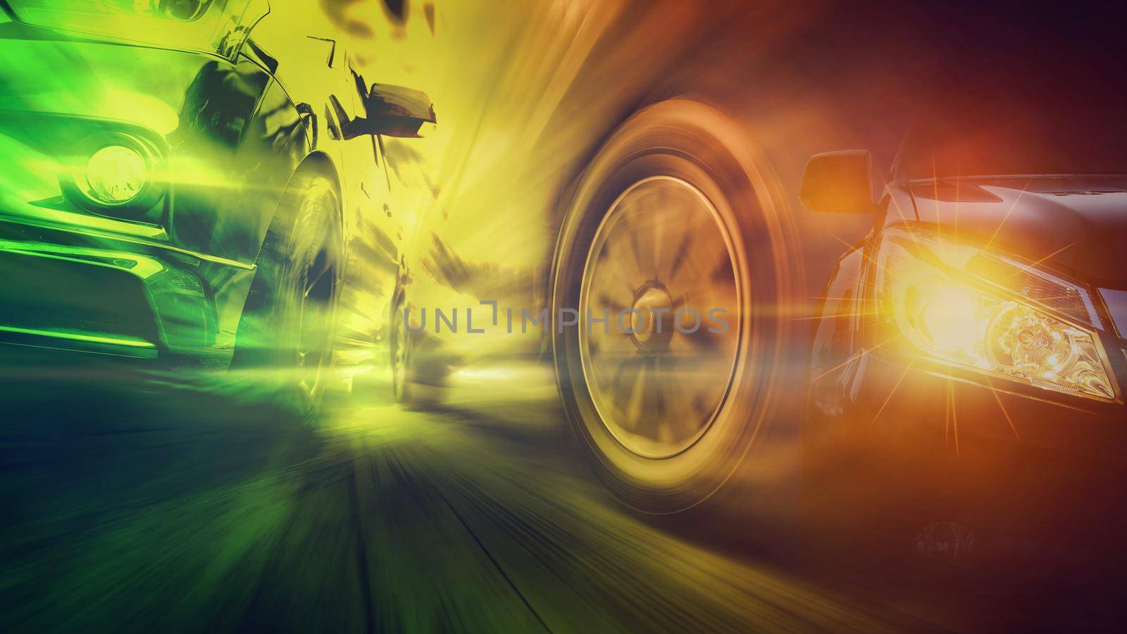 Speeding car is green power with copy space. Low angle side view of car driving fast on motion blur