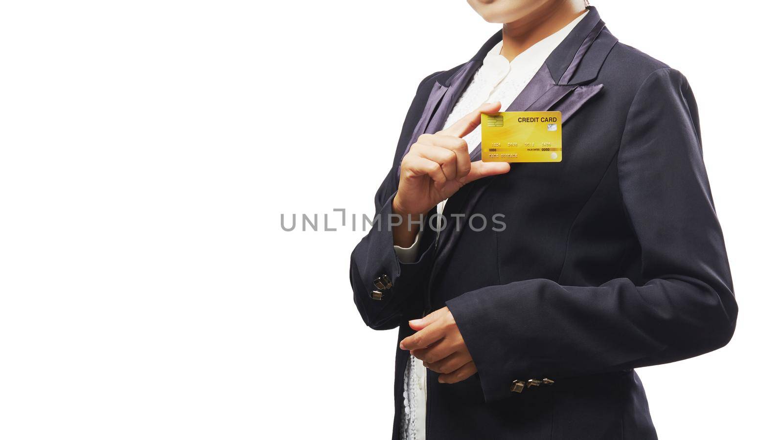 Businesswoman holding business card on isolated on white background