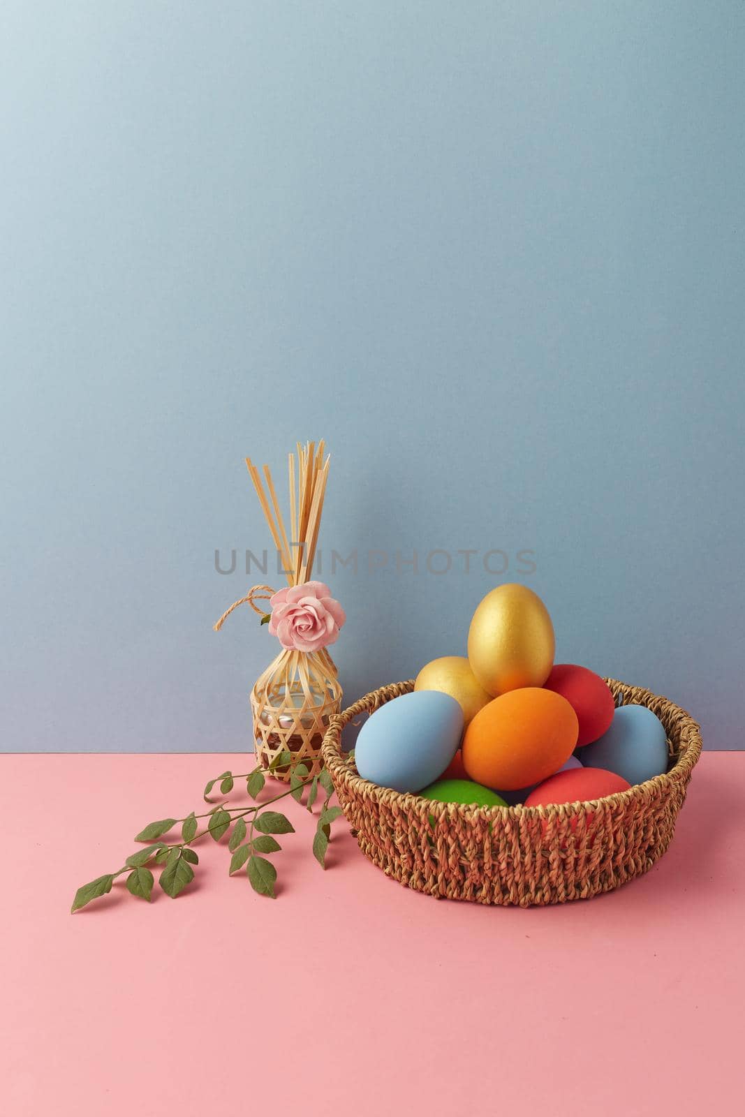Still life with egg Easter on colored paper background