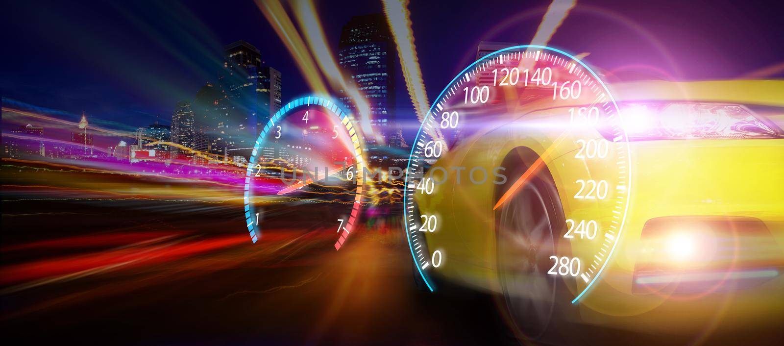  Speedometer of a sport car with the city by Wasant