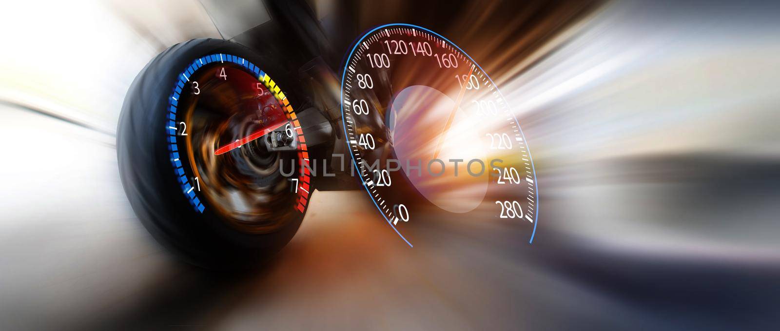 Speedometer on the road riding. Panoramic photo