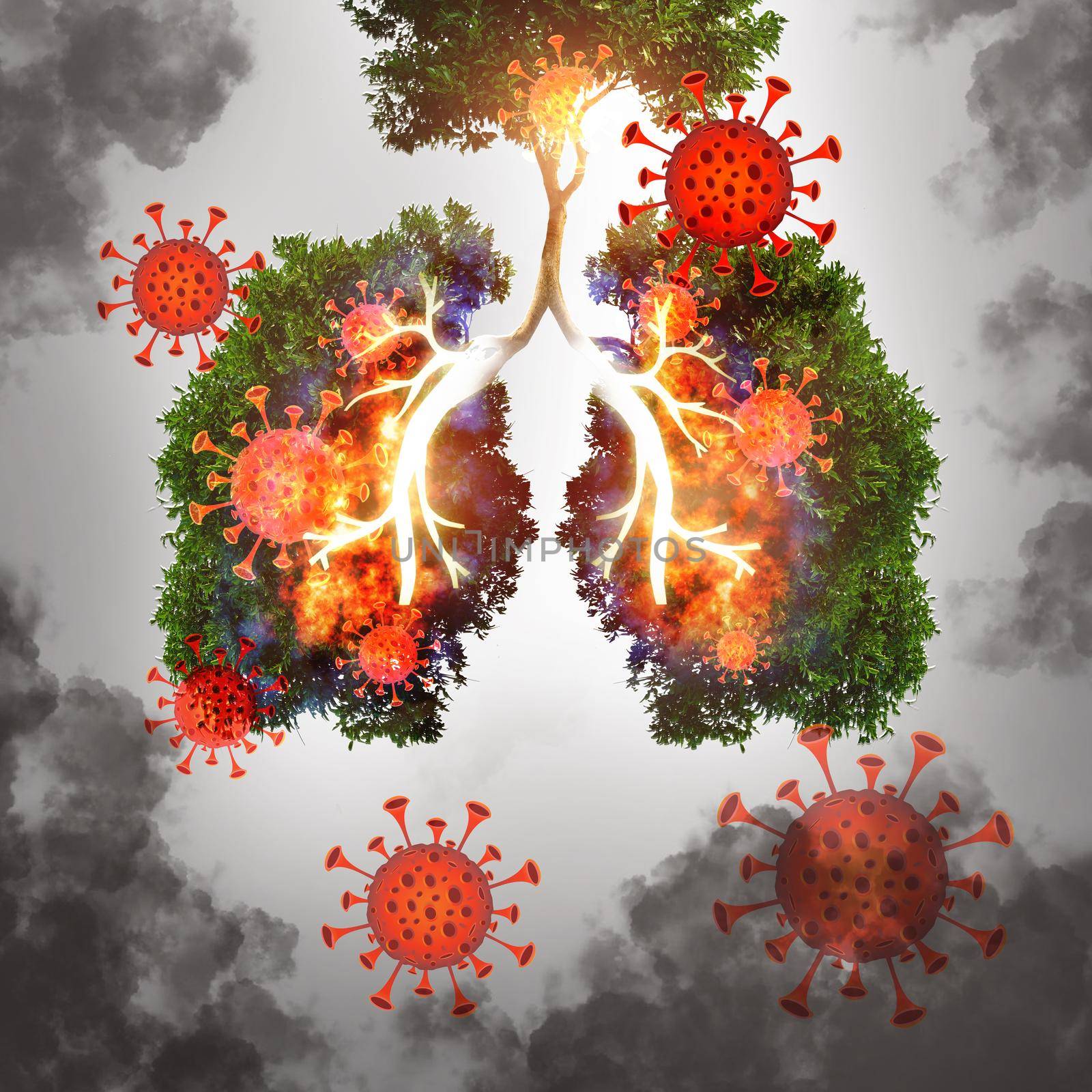 Green tree lungs infection Coronavirus. Healthy and medicine or Natural green environment concept. Double exposure with lung burning , Covid-19 concept