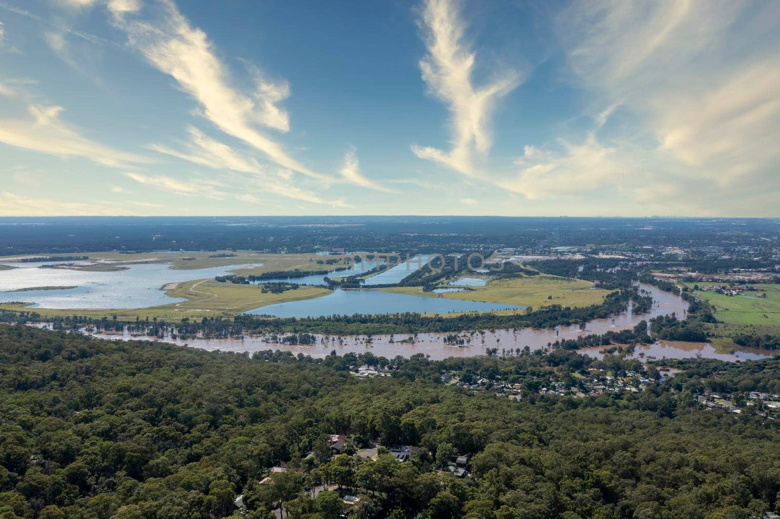 Aerial view of flooding of the Nepean River in Sydney in Australia by WittkePhotos