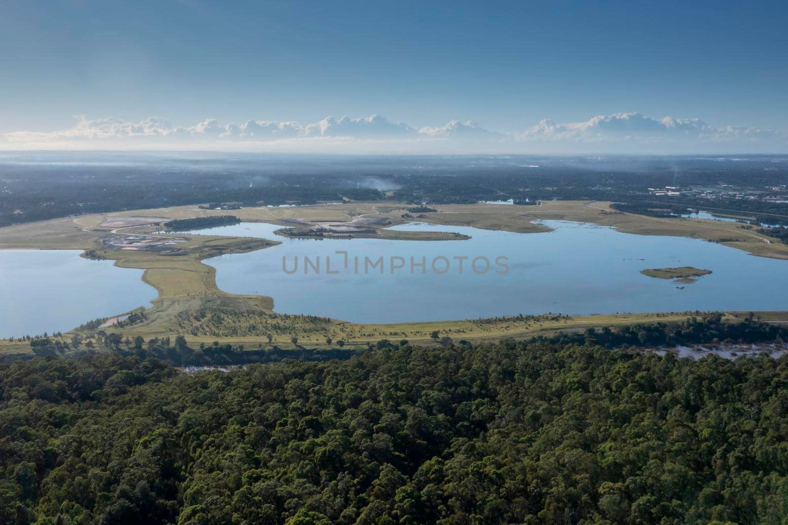 Aerial view of the Nepean River and Penrith Lakes in Penrith in New South Wales in Australia
