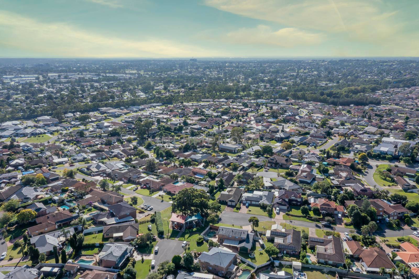 Aerial view of residential houses in the suburb of Glenmore Park in greater Sydney in New South Wales in Australia