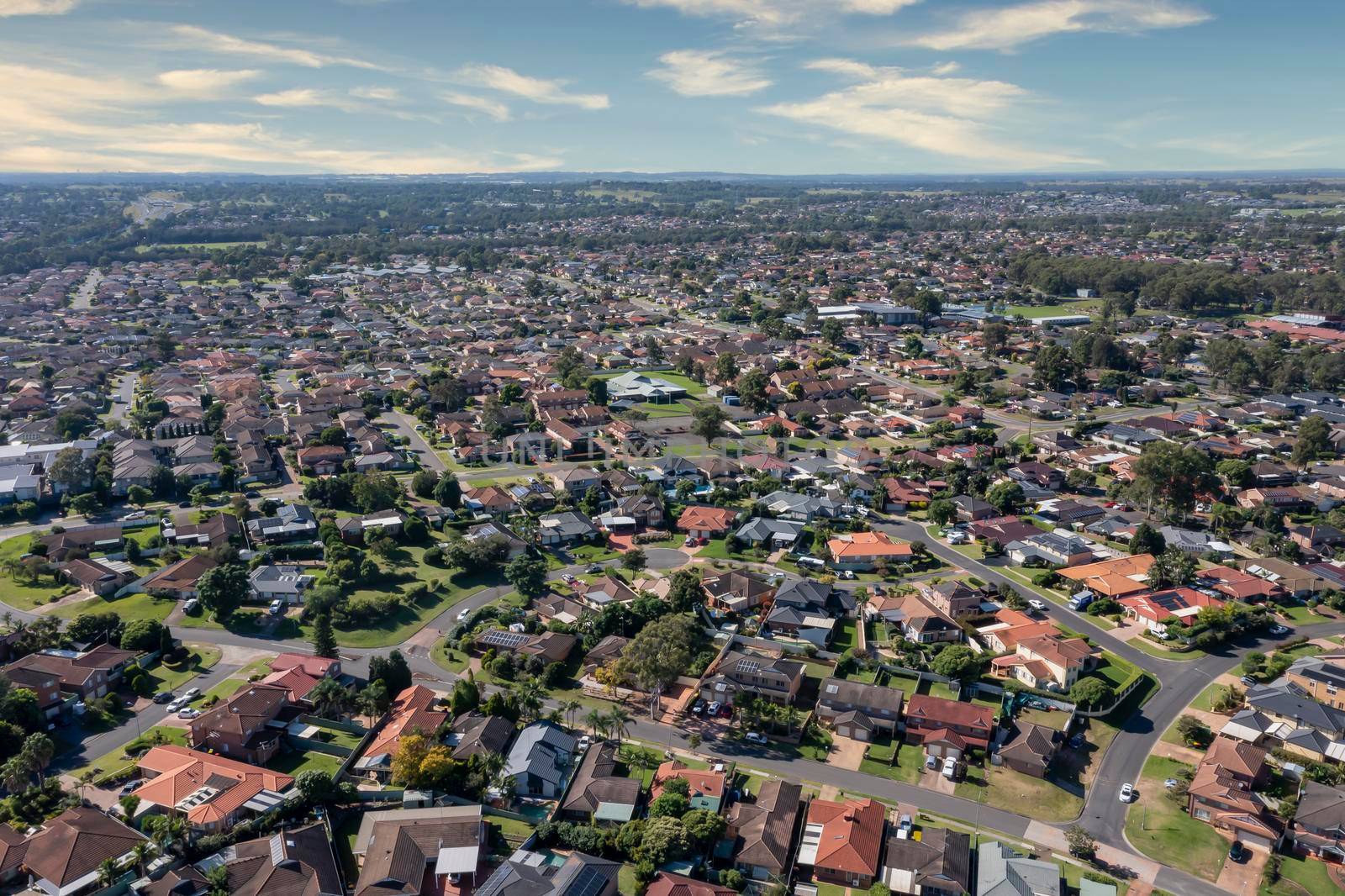 Aerial view of residential houses in the suburb of Glenmore Park in greater Sydney in New South Wales in Australia