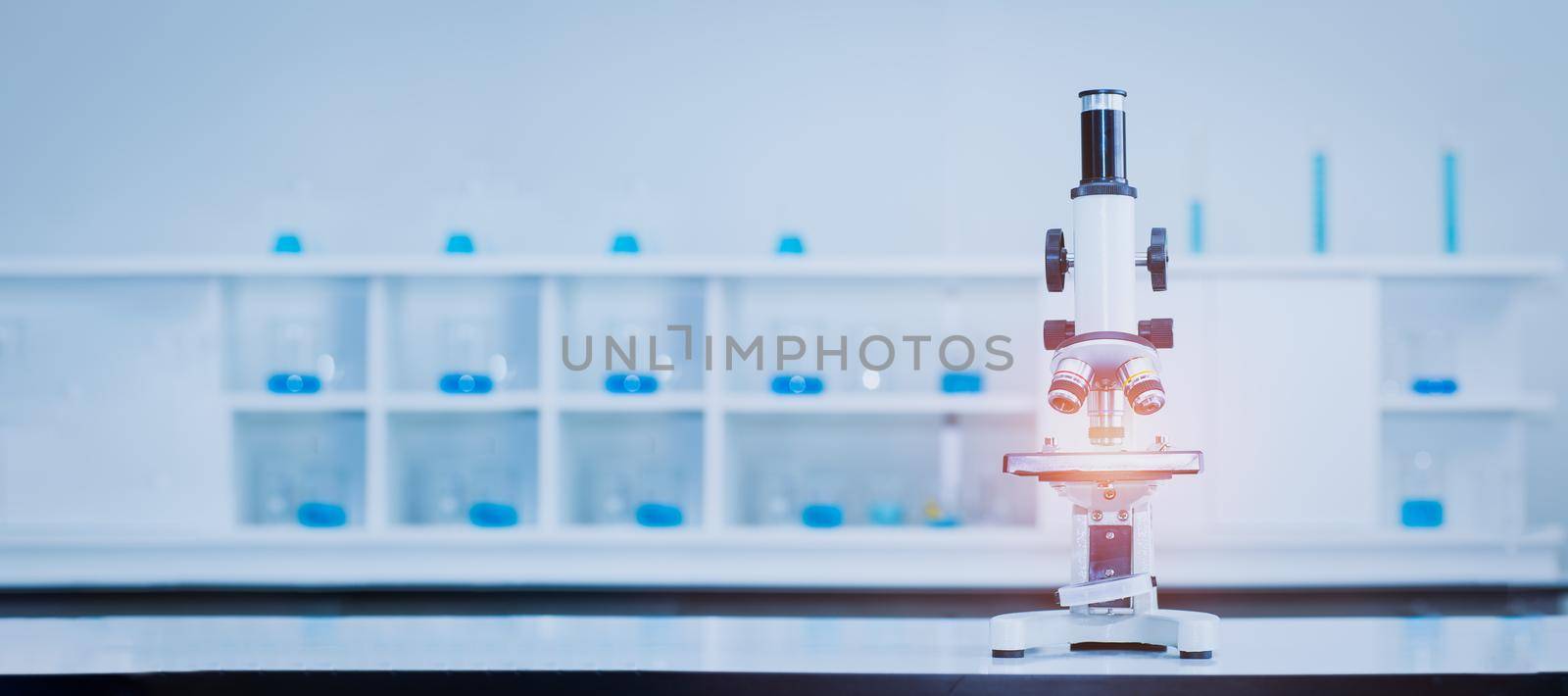 Microscope in a medical science laboratory. Banner photo