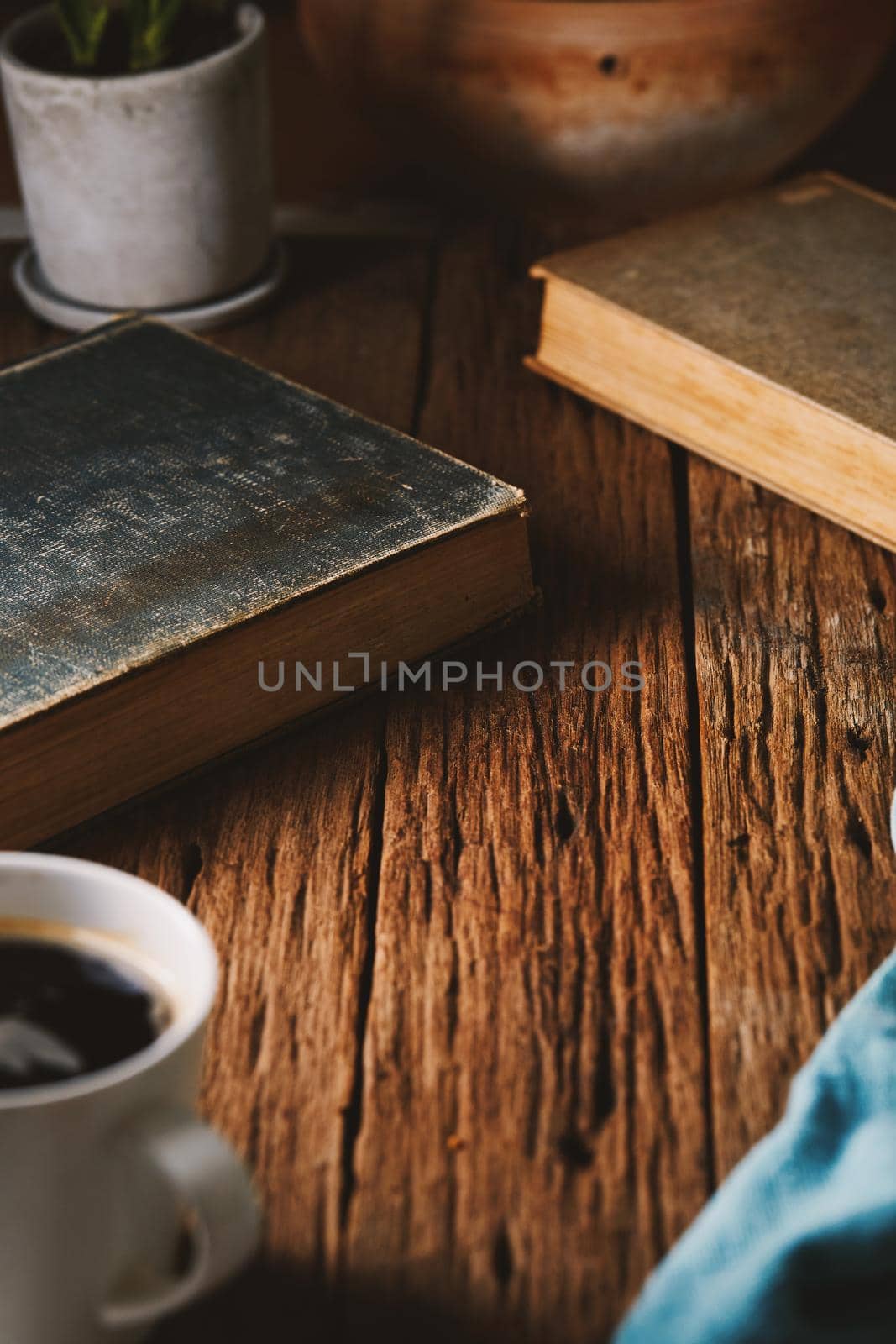 Empty on wood with book and coffee