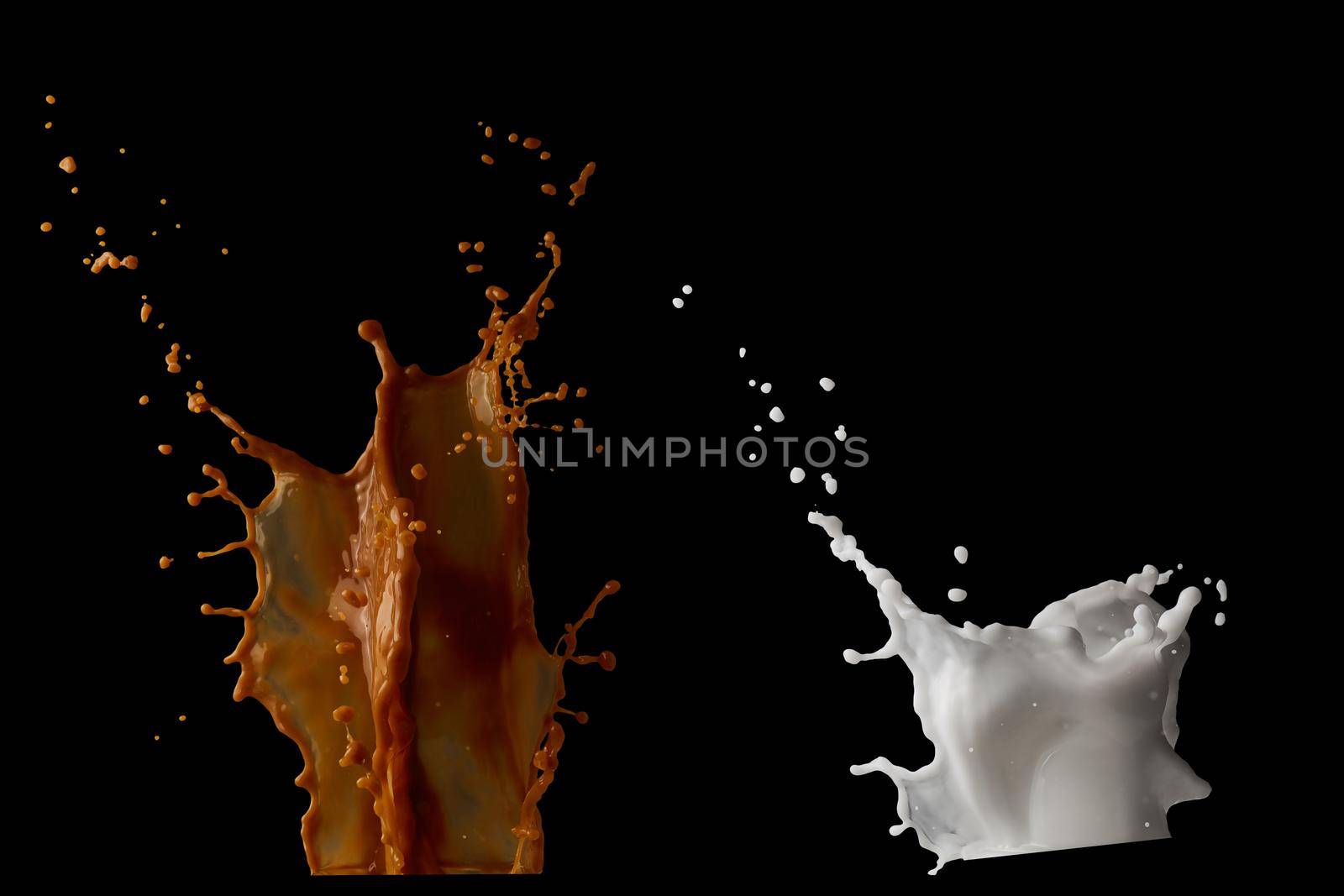 Coffee with milk splashing on isolated on black background
