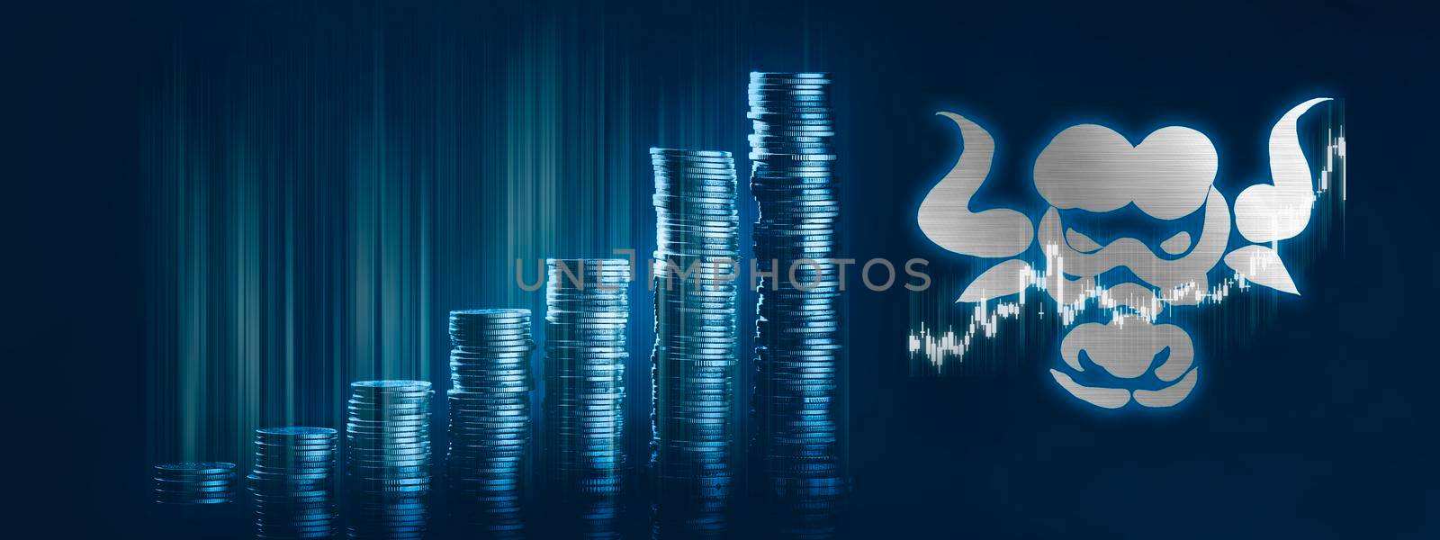 Banner of bull graph stock market and rows of coins for finance and business concept