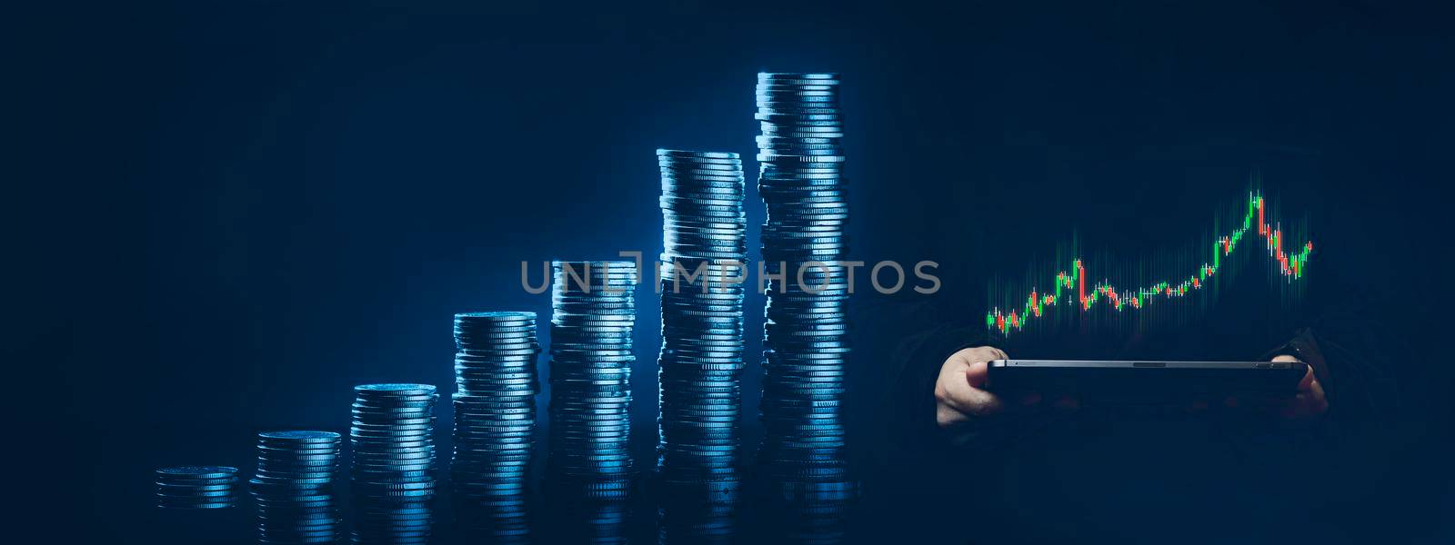 Banner of graph stock market and rows of coins for finance and business concept