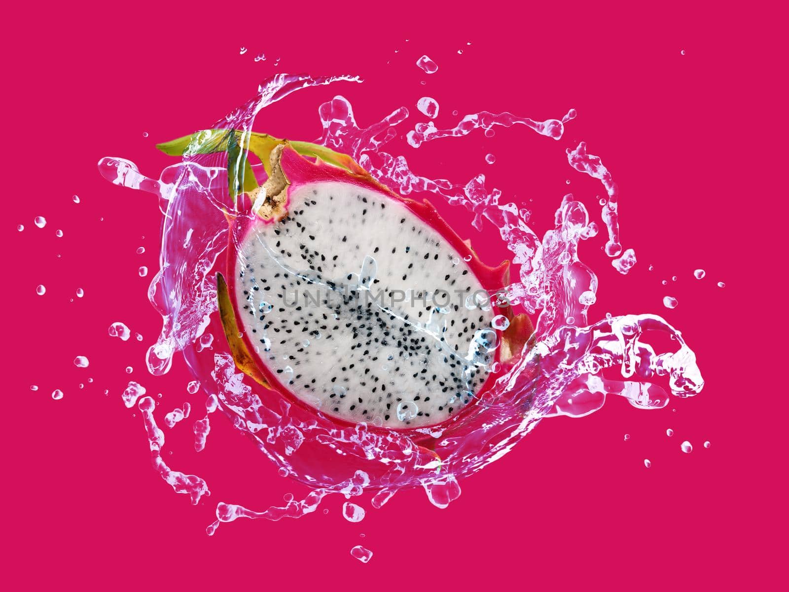 Hafl Dragon fruit with water splash on pink background