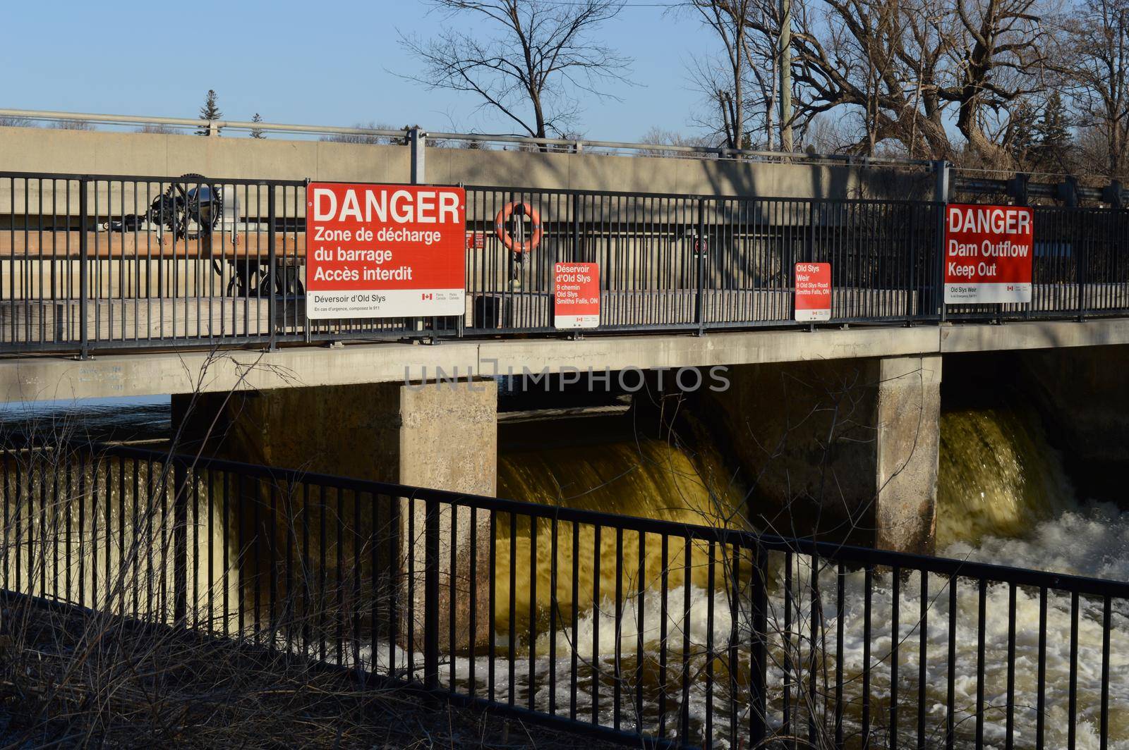 SMITHS FALLS, ONTARIO, CANADA, MARCH 22, 2021: Old Slys water Dam on the Rideau Canal located in the small town of Smiths Falls, Ontario.