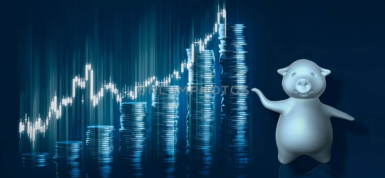 Banner of bull graph stock market and rows of coins for finance and business concept