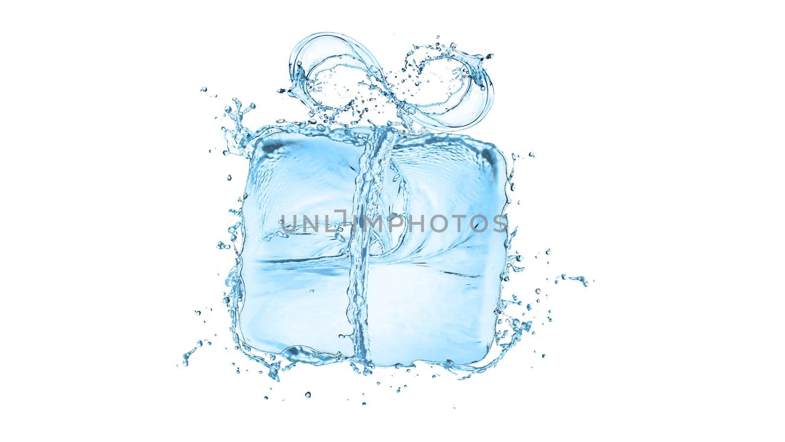 Water splash with gift box shape isolated on white with clipping path