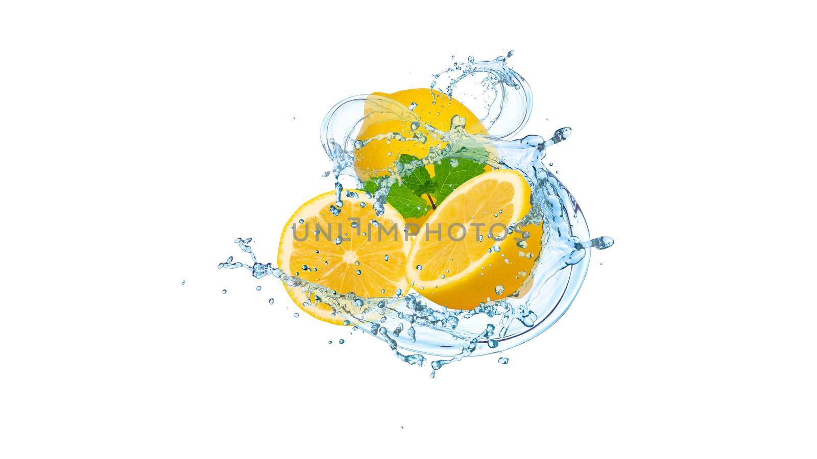 Slices of juicy lime, fresh mint and splashing cold water. isolated  on white background with clipping path