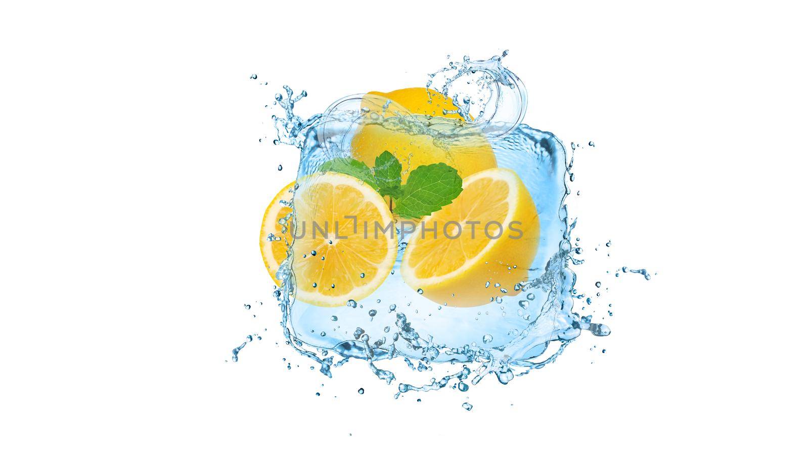 Slices of juicy lime, fresh mint and splashing cold water. isolated  on white background with clipping path