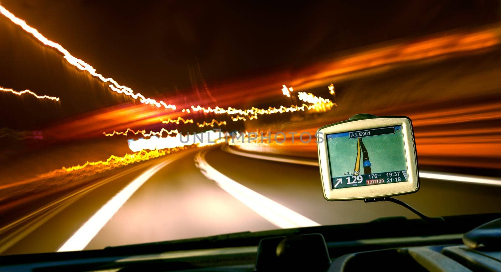 Gps display and travel concept. Road scenery towards the destination.