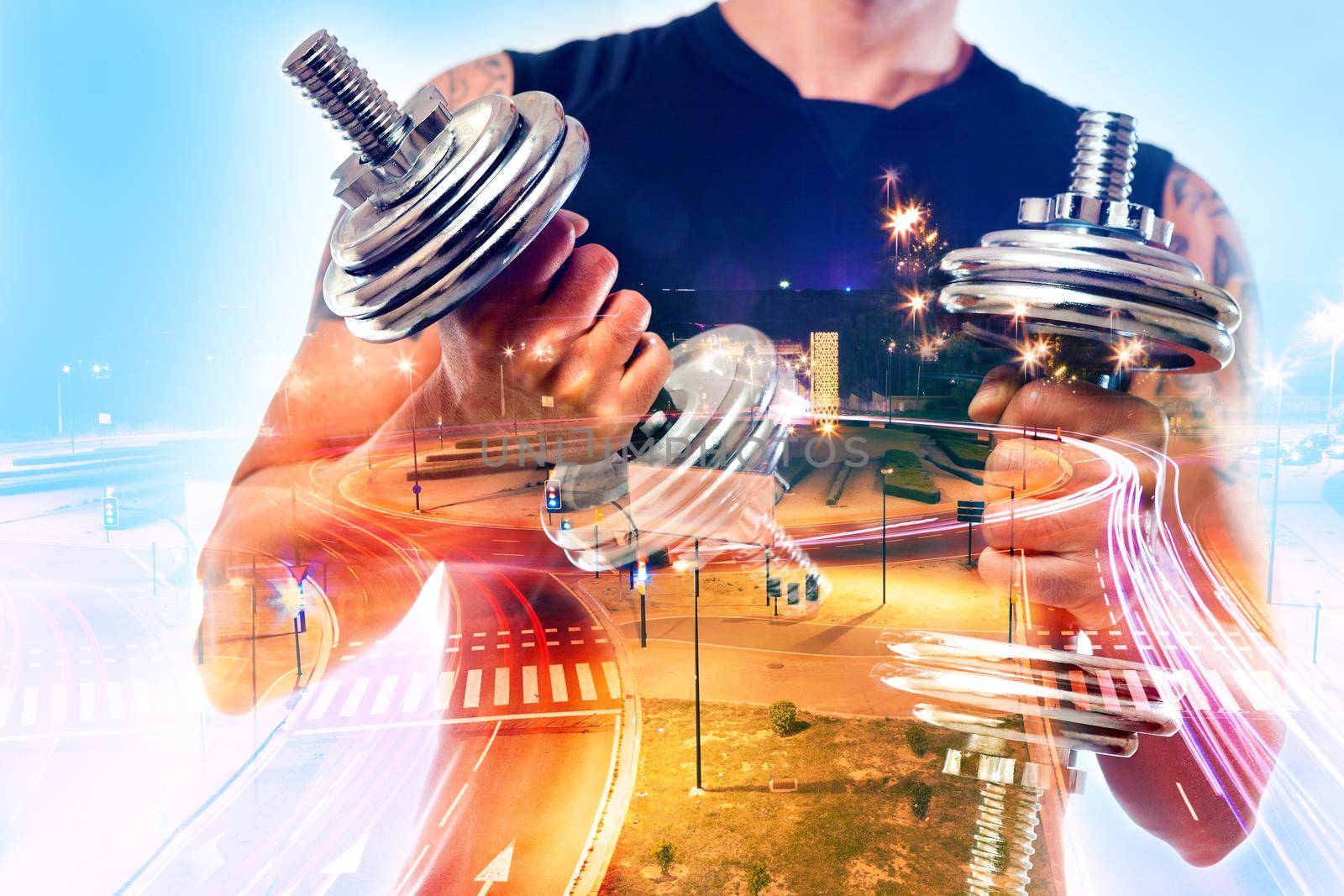 Gym equipment and sport concept.Double exposure background.Dumbbells.