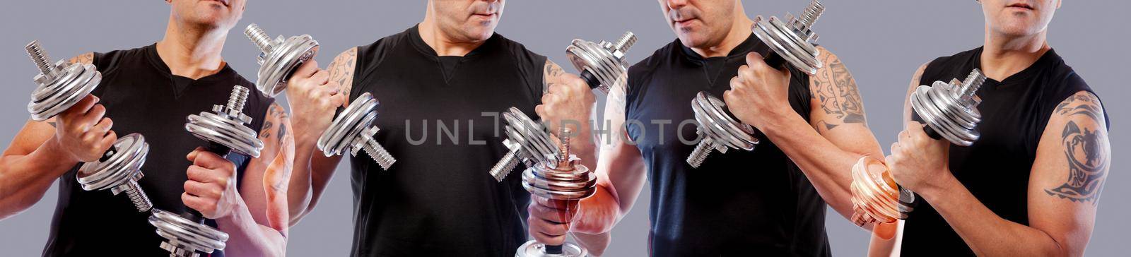Gym equipment and sport concept.Double exposure background.Dumbbells.