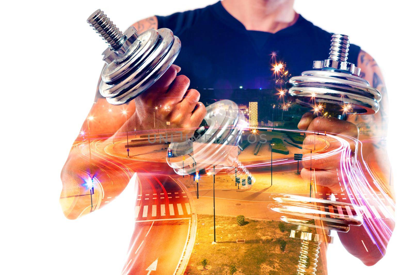 Gym equipment and sport concept.Double exposure background.Dumbbells.