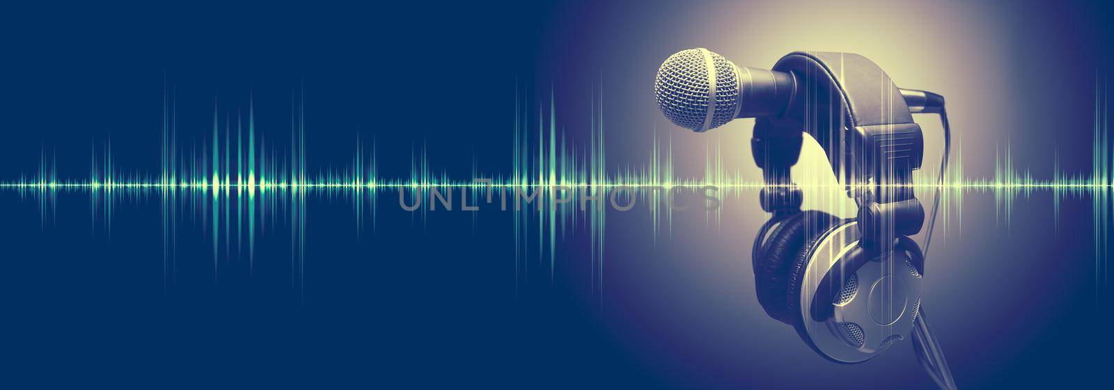 Studio microphone and sound waves.Sound engineering and karaoke background