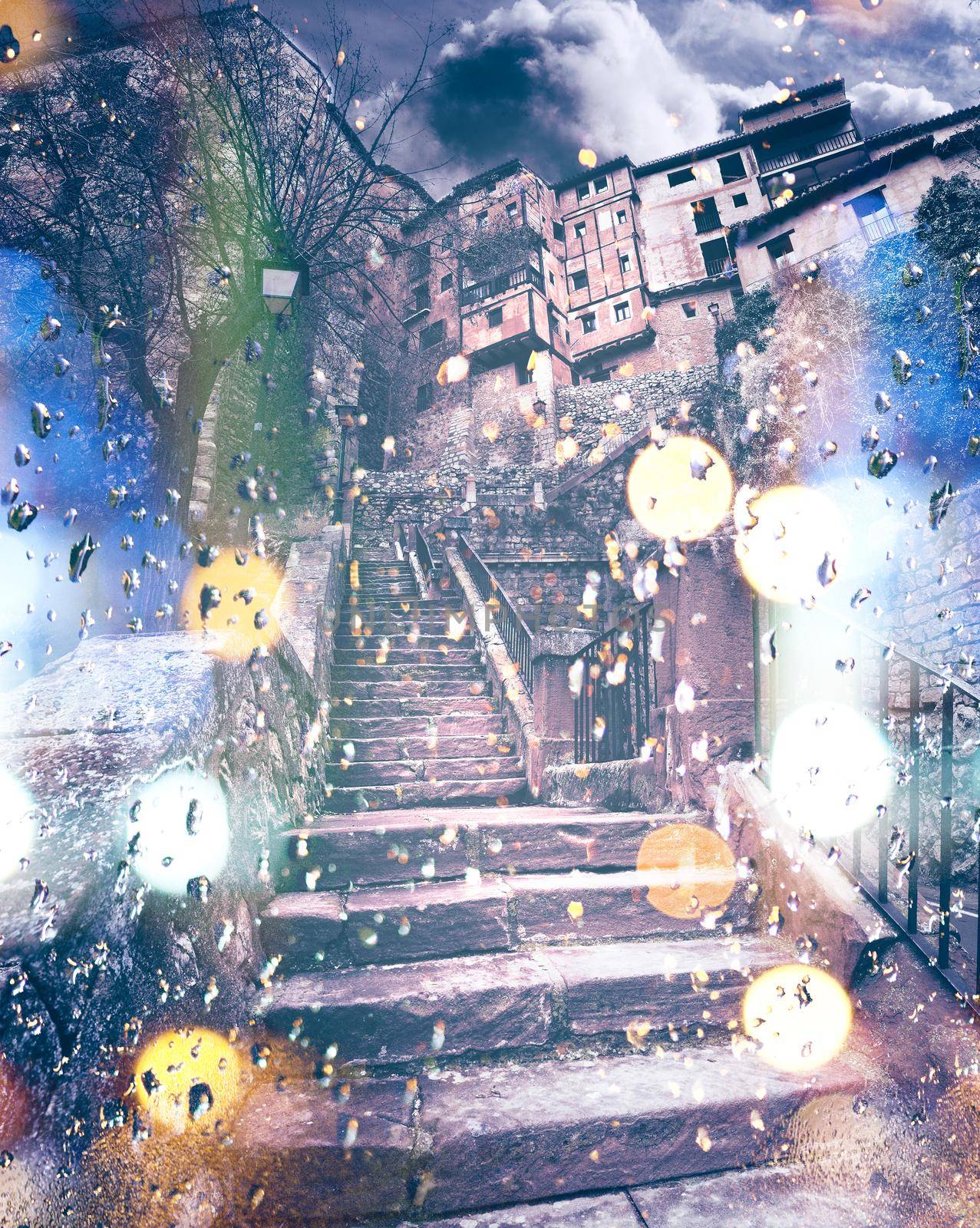 Abstract image of stone stairs and rain drops in the town.Flare lights and blur