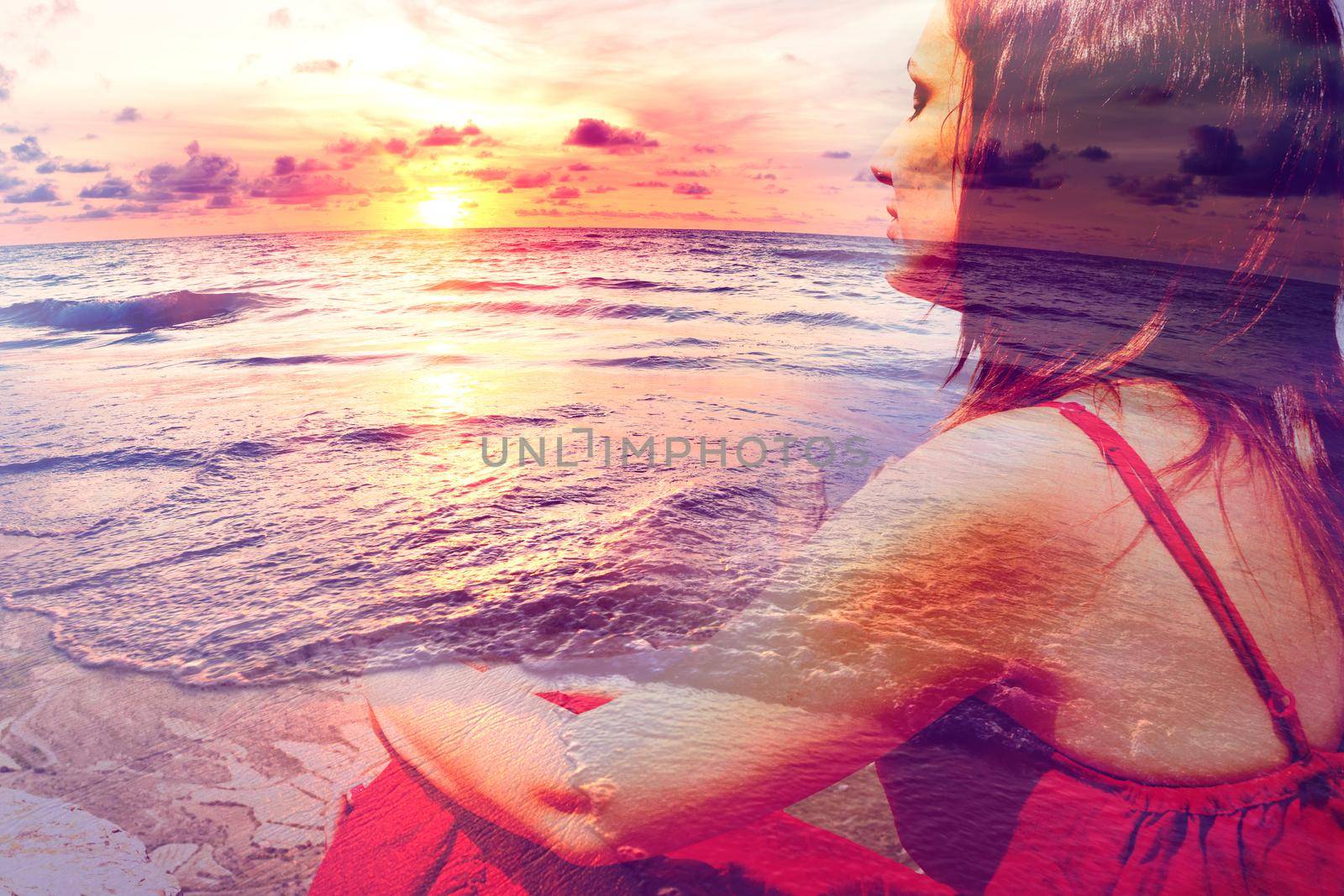 Double exposure,beach and woman.Travel and holidays abstract concept