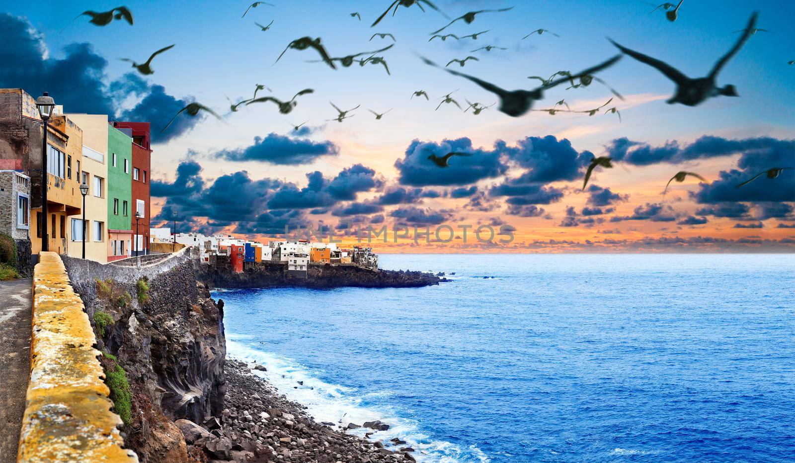 Sunset scenery Spain sea and island .Beach adventures and travel concept.Puerto de la cruz