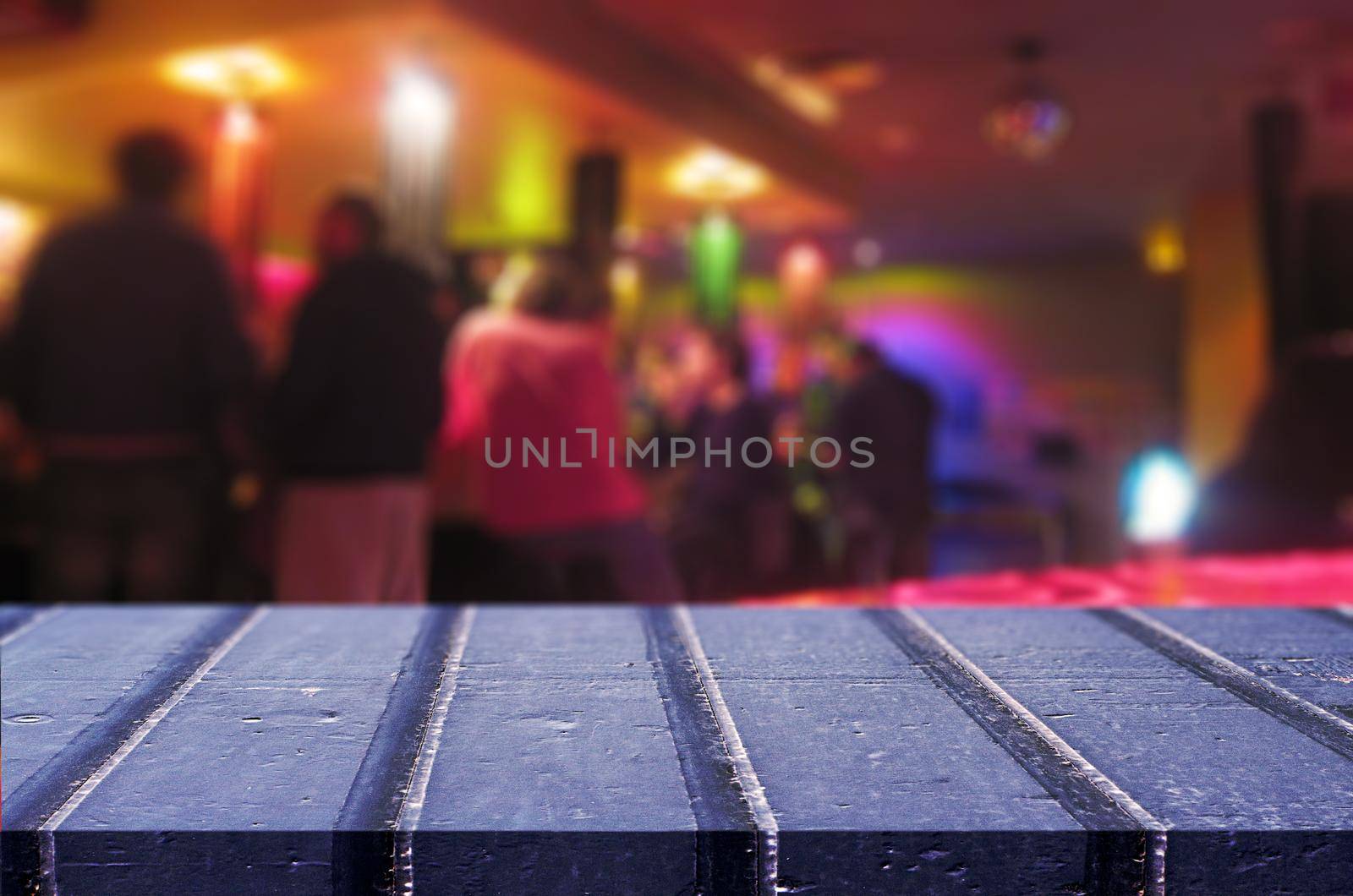 Abstract blurred background. Table or counter and  interior of bar.Night life concept