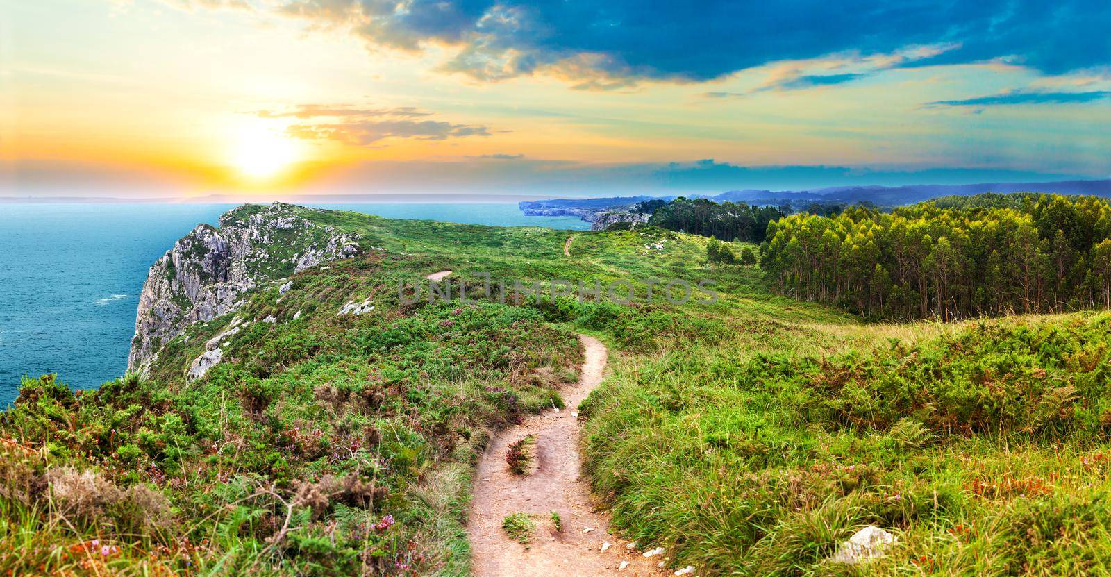 Scenery sunset landscape cliff and rocks.Cantabria ,Spain.Wild road nature