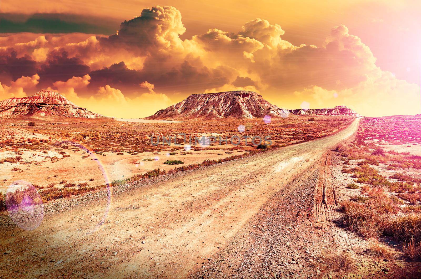 Beautiful desert sunset and road landscape .Sunset scenic  by carloscastilla