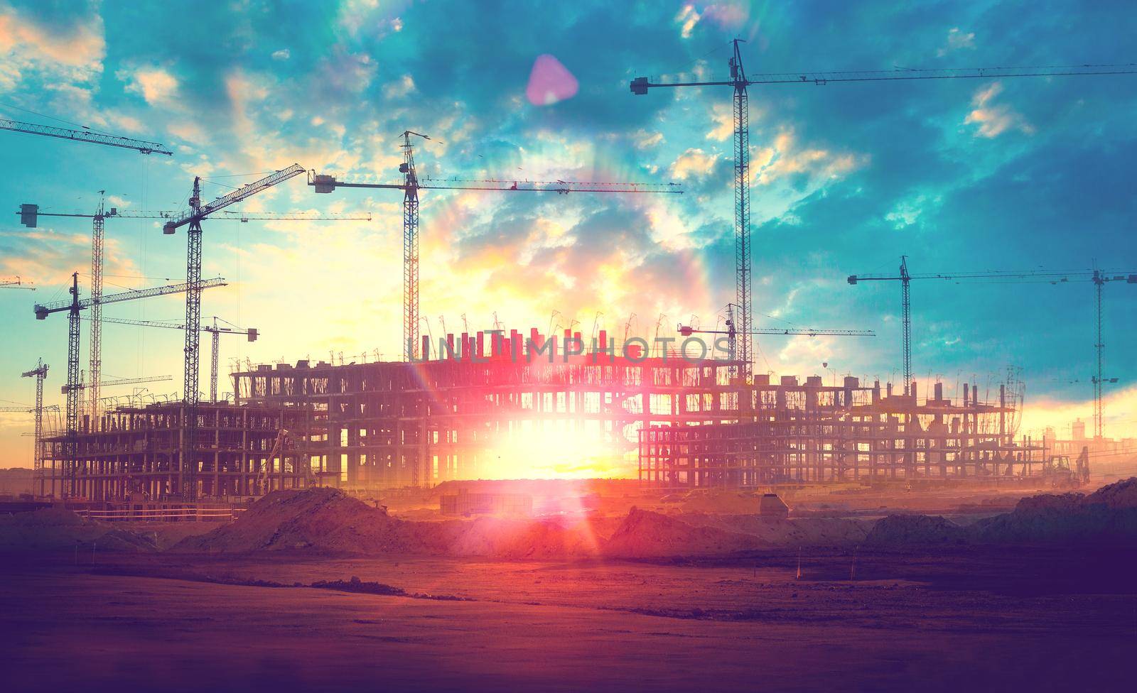 Sunset landscape.Construction cranes and buildings