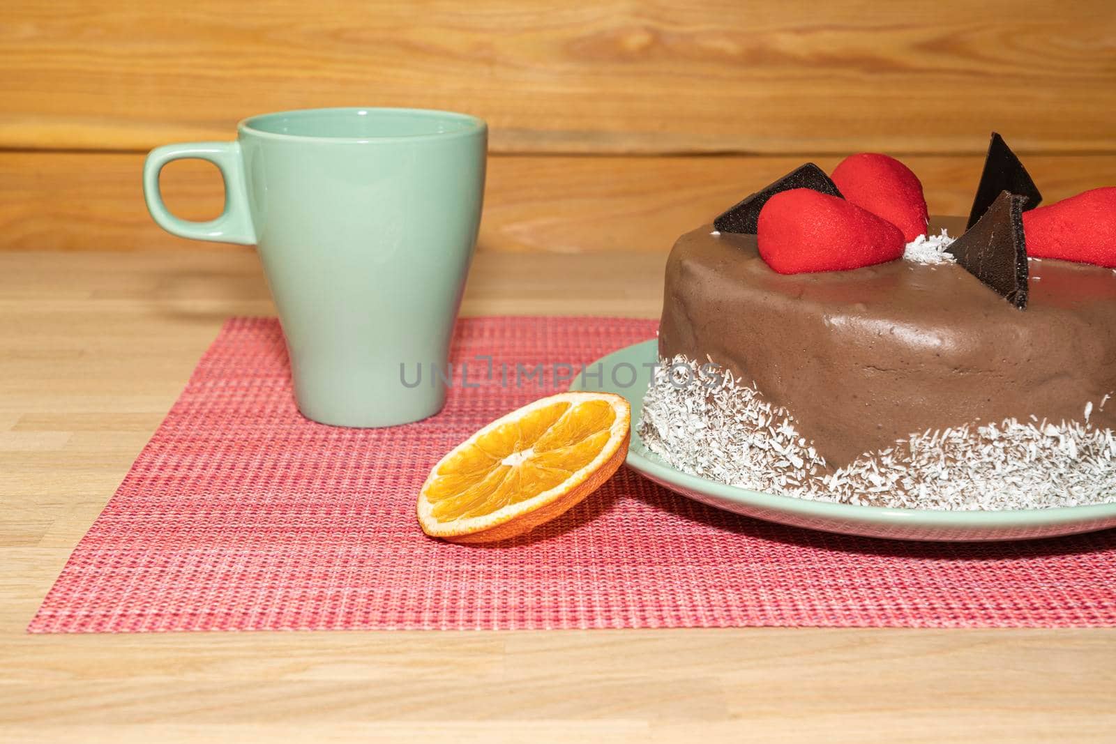 chocolate cake on the table on a light background. High quality photo