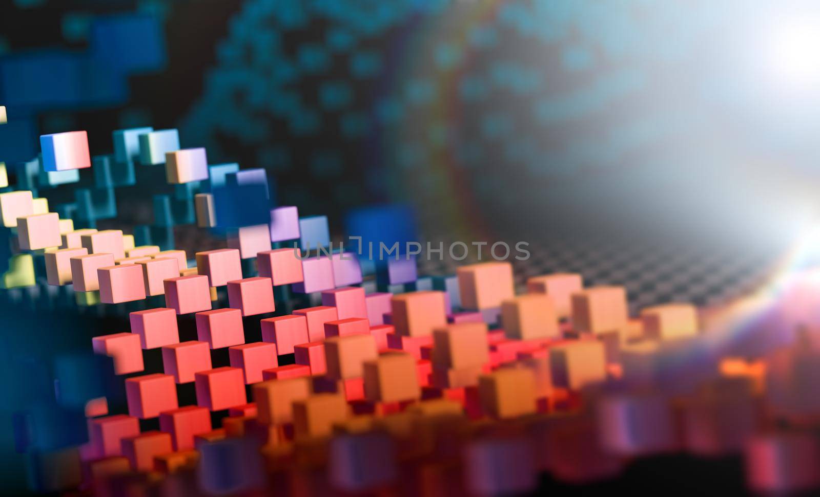 Abstract colorful pixels and cubes in dark space background.3d illustration