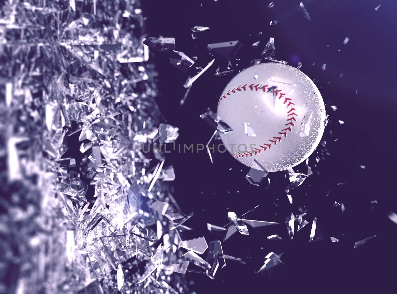 Baseball ball in motion breaking the glass.Concept of action and strength in team sport