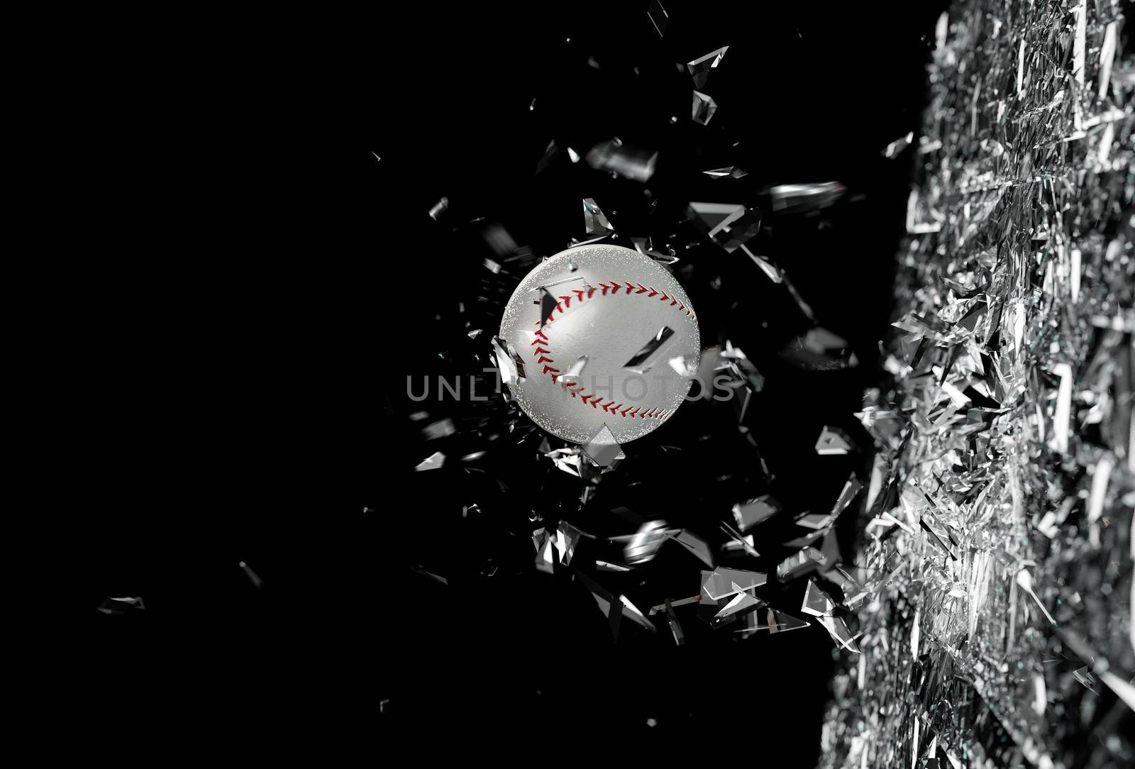 Baseball ball in motion breaking the glass.Concept of action and strength in team sport