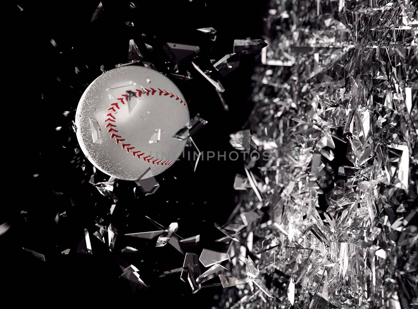 Baseball ball in motion breaking the glass.Concept of action and strength in team sport