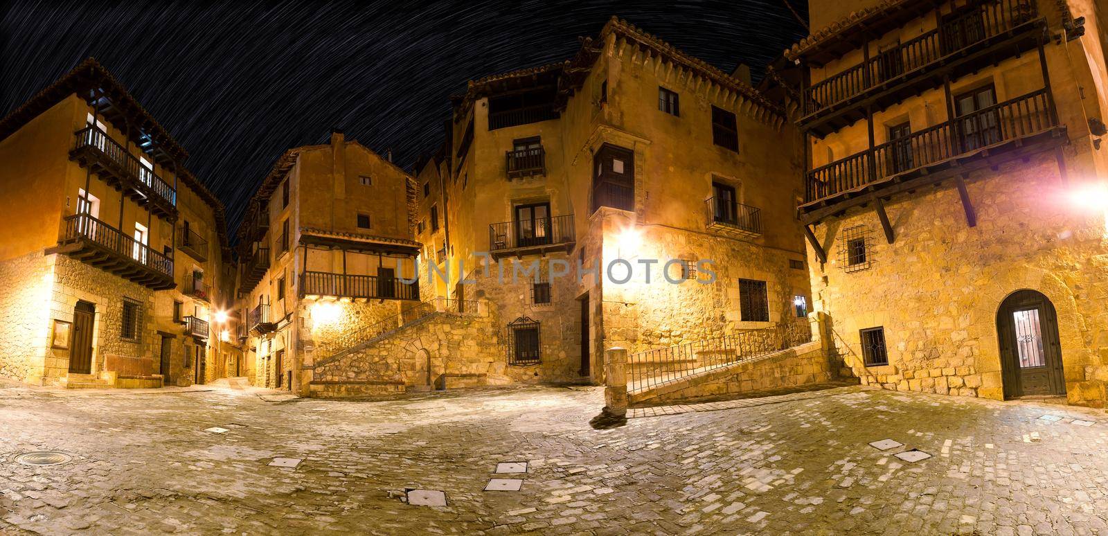 Spanish village.Stone architecture and pebble street.Famous square