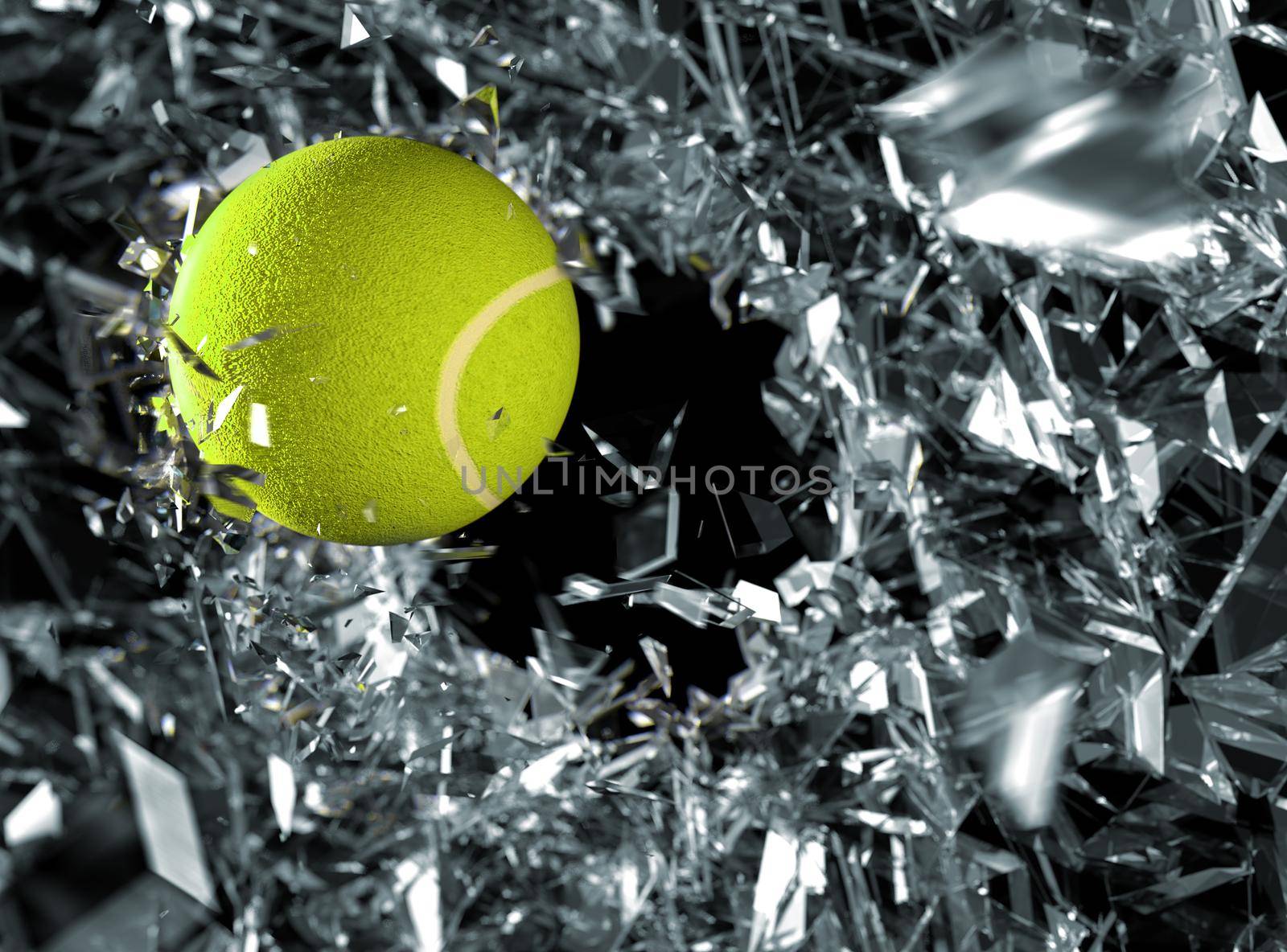Tennis ball in motion breaking the glass.Concept of action and strength in team sport