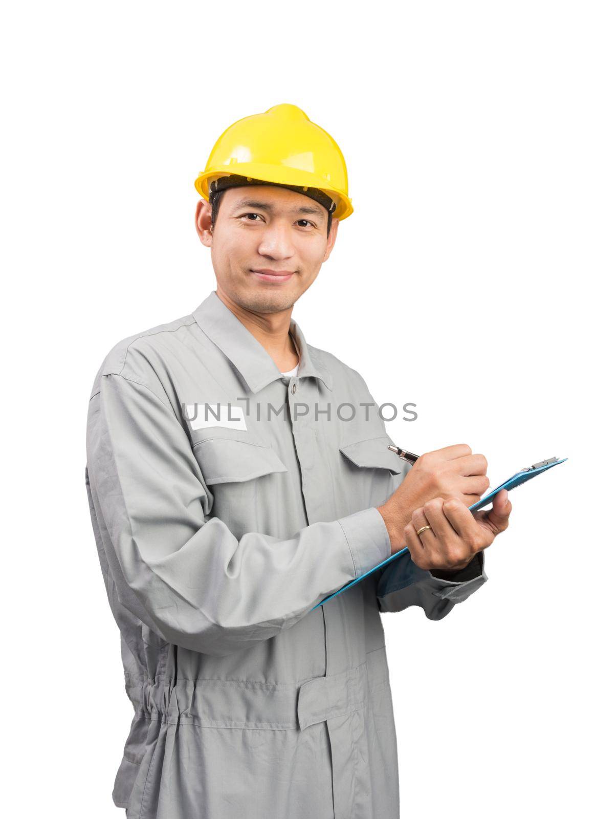 Handsome happy supervisor or technician writing notes clip board on over white background